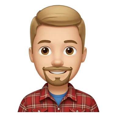 smiling boy in plaid shirt with goatee sticker