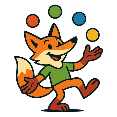 clever fox juggling, vibrant toon style sticker