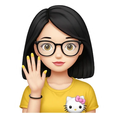 Nails cute with hello kitty wear glasses black long  hair wear, yellow shirt sticker
