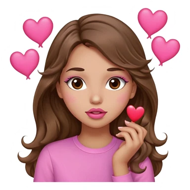 girl with long wavy brown hair, brown eyes, light to medium complexion, in a pink shirt, pink lips, long lashes, sexy , puckering lips kissing, blushing with hearts sticker