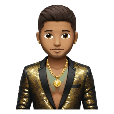 Usher with dark brown hair, black sequin suit jacket, shirtless with necklace sticker