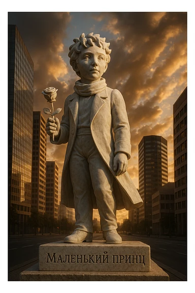 Ultra-realistic marble statue of the Little Prince with a rose in his hand, standing in a modern city. Pedestal engraved with 'Маленький принц'. Sunset, dramatic low-angle view. sticker