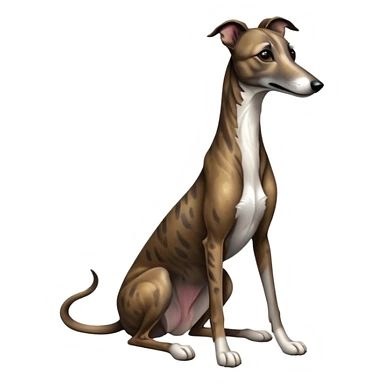 cinematic-[brindle greyhound]-realistic-full-body-sitting-emoji,-tail-resting-loosely-beside-its-paws,-head-tilted-dramatically, -sleek-[dark brindle]-fur,-simplified-yet-realistic-focused-features,-highly-detailed,-glowing-with-an-almost-sarcastic-glow sticker