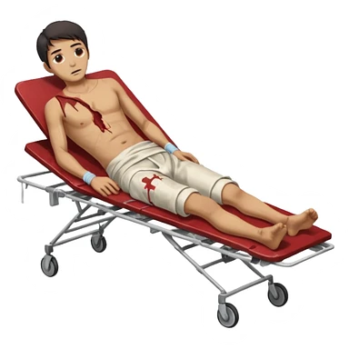 a man of oriental appearance, dressed in torn clothes, full length, in a prone position, with injuries on a medical stretcher, 1980 sticker