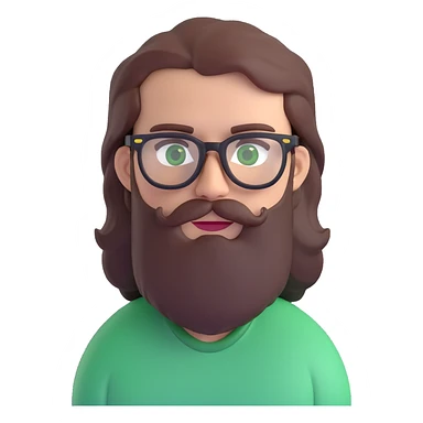 white male mid 30s green eyes black square glasses long brown beard with medium length brown hair sticker