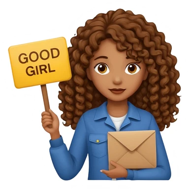 A girl with medium brown skin and long curly holding a sign saying good girl sticker