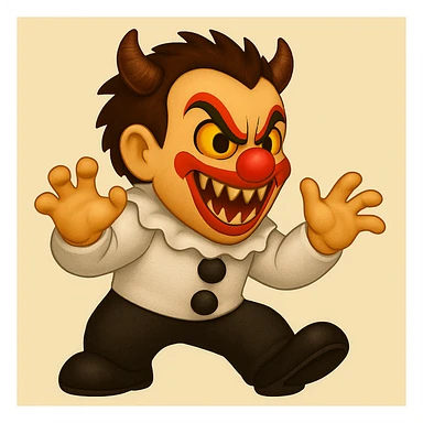 Change the child demonic clown's clothes to be mostly black and white. Adjust the body position so he is scaring someone, with a menacing pose, in emoji art style. Keep the detailed textures and character spirit. sticker