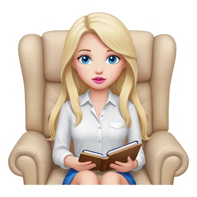 Cinematic realistic blonde with long hair, blue eyes and pink lips, sitting in a beige armchair with a notebook and pen in her handsshirt, sits in a beige armchair with a notebook and pen in her hands sticker
