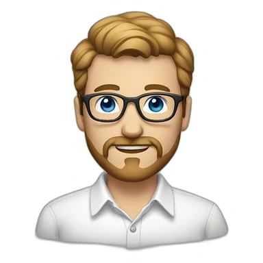 man with short light brown hair, beard and mustache and glasses, blue eyes, white shirt with like sticker
