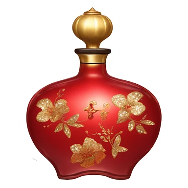 An antique perfume red bottle in oriental style, oil perfumes inside, sequins and flowers flying around sticker