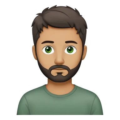 man with dark messy short hair, dark green eyes, gray T-shirt, and short beard sticker