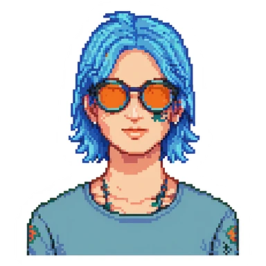person with blue hair, glasses, and a visible tattoo, pixel art style sticker
