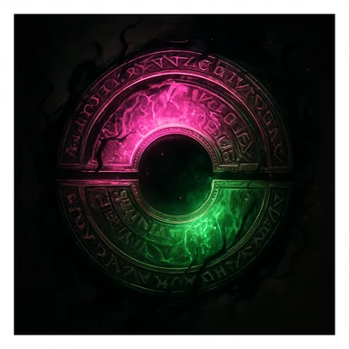 Enhance the split magical circle to be more fantasy-inspired and wicked themed. Add intricate runes and swirling energy around the circle, with a slightly sinister aura. Keep the original pink and green split color scheme and glowing effect, but emphasize the mystical and dark magical vibe. sticker