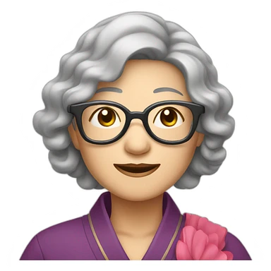 Chinese senior lady wear glasses has wavy long hair show love sign sticker