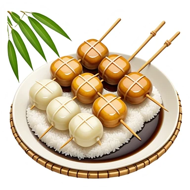 Mitarashi dango with shiny soy sauce glaze drizzled over white rice dumplings on a bamboo skewer sticker