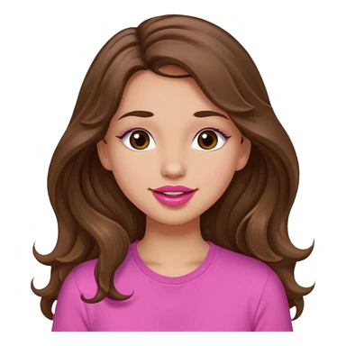girl with long wavy brown hair, brown eyes, light to medium complexion, in a pink shirt, pink lips, long lashes, puckering up for a kiss, kiss lips sticker