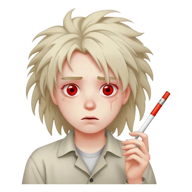 tired student with red eyes, messy hair, dazed expression, holding a joint sticker