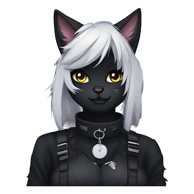 Gorgeous furry dark techwear anime style anthro black cat fursona with blushing face aesthetic and pretty edgy black with collar and harness trending style sticker