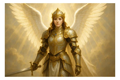 a female angel knight in ornate armor with golden accents, radiant and heavenly atmosphere sticker