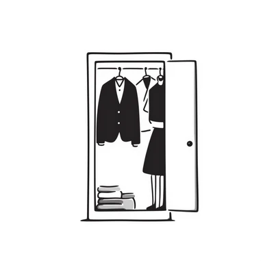 Hand-drawn minimalist wardrobe, slightly open revealing neatly arranged business attire sticker