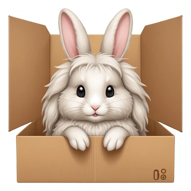  A very cute young Angora long haired rabbit  with one's head tilted to one side poked its paws out of the cardboard big box and placed them on top of it sticker