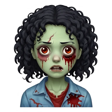 a zombie with curly medium black hair, dark brown eyes and a bit of blood on her cheek sticker