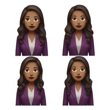 a white woman, dark brown long hair, wearing marsala lipstick and using a purple blazer sticker