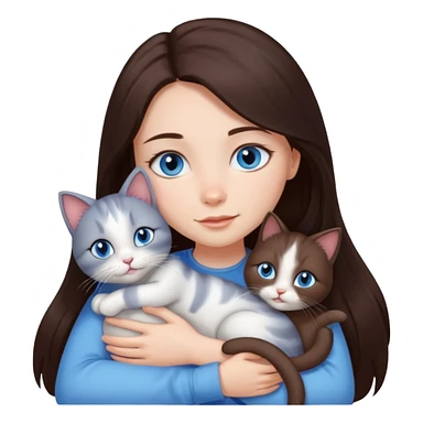 a pretty girl with long dark 
brown hair, with blue eyes, hugs 3 different natural coloured small cats sticker