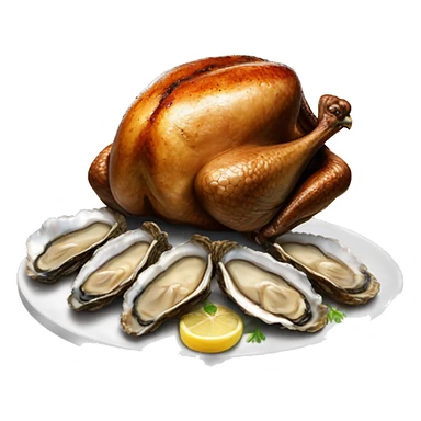 Standing Turkey next to slices of very Burnt dark toast and oysters sticker