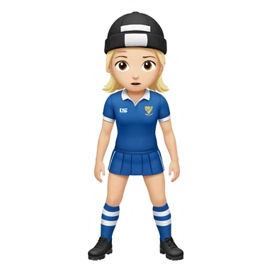 chica rubia con cara de miedo vestida con equipación de rugby y una casqueta en la cabeza metida en unas botas de presoterapia sticker