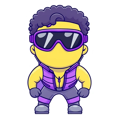 male athlete with white skin and moderately curly black hair on top with shaved sides, wearing ski goggles with purple frames and very dark black lenses, a simple plain black chain necklace, and a completely unzipped/wide open shiny purple vest fully revealing his chest and abs, no earrings sticker