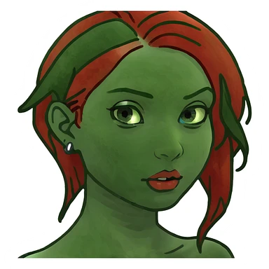 a girl with red hair and green streaks, blue eyes, piercings in a black dress sticker