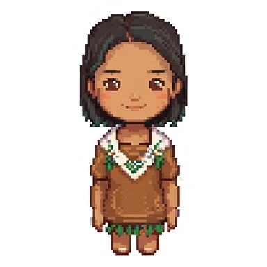 brown Samoan skinny girl with slight Chinese features, black short hair just below the shoulders, subtle smile, pixel art style sticker