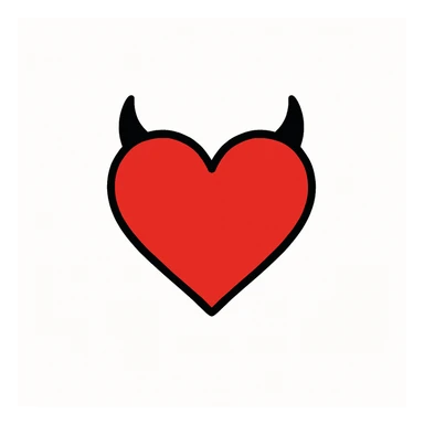 Minimalist devil heart icon: a simple red heart with tiny black horns, no tail, on a white background. Clean and minimal style. sticker