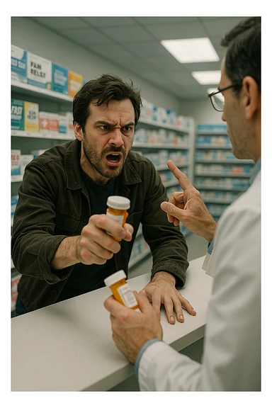 Cinematic Frustrated man at pharmacy counter demanding immediate pain relief medication, expression of impatience wanting instant symptom elimination, ignoring pharmacist's questions about underlying causes, grabbing prescription bottle eagerly, symptom suppression taking priority over healing, modern medicine aisle promising quick fixes for complex health problems" in italiano sticker