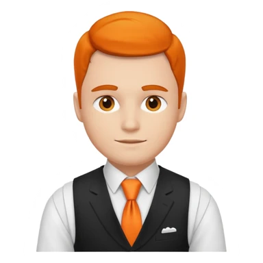 groom in white vest, orange tie sticker