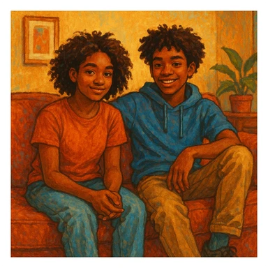 two brown-skinned teens sitting on a couch, artistic illustration style sticker