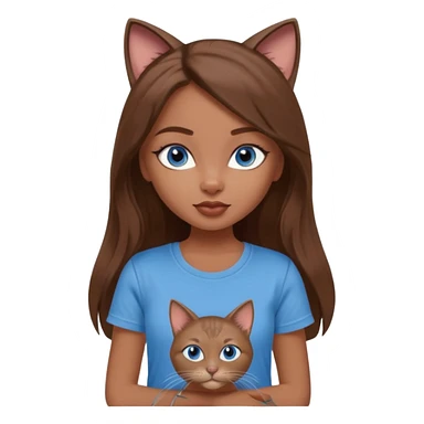a pretty bratz dusky girl with long brown hair, blue eyes with six cats nd wearing a grey tshirt sticker