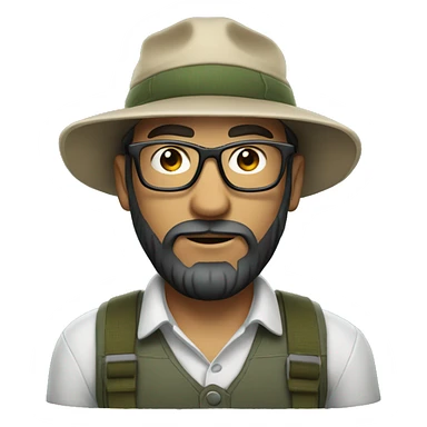 A white man wearing a fishing hat with a dark beard and glasses sticker