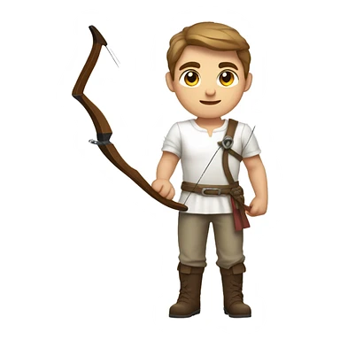 a male archer with a bow, wearing a white shirt, very short brown hair, bright skin, only show upper part of the body from waist up sticker