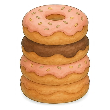 A stack of donuts in Ghibli style, detailed, with soft blue colors, no background. sticker