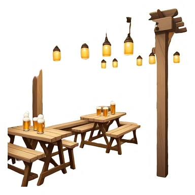 Cinematic Realistic Biergarten Pop Culture Emoji, showcasing a charming outdoor beer garden scene rendered with rustic details and inviting, soft lighting. sticker