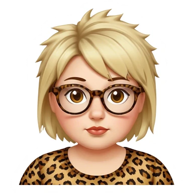 chuby white women dressed in leopard with short medium brown and blonde shaggy spiked hair wearing glasses with hazel color eyes and wide flat nose sticker