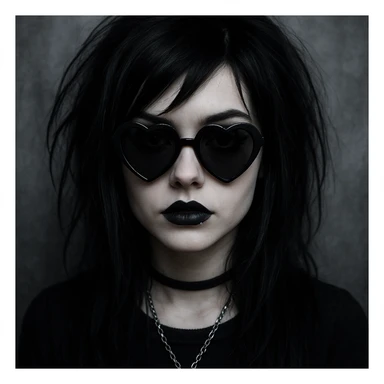 emo girl with heart-shaped sunglasses, dark hair, mysterious vibe sticker