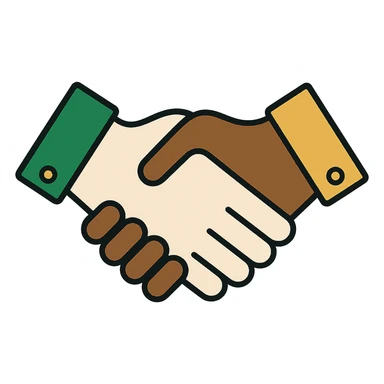 Edit the image to depict one Caucasian hand and one African American hand shaking with thinner black outlining. Use a professional style with a green, white, and gold color scheme. The design should be minimalistic with clean lines, with no background. sticker