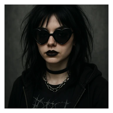 emo girl with heart-shaped sunglasses, dark hair, mysterious vibe sticker