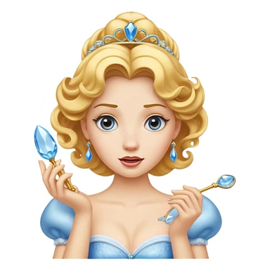 Cinematic Funny Cinderella Portrait Emoji, Stunned expression as she holds a glass slipper much too big, one eyebrow raised, golden curls slightly messy, a mix of royal grace and unexpected humor, capturing a lighthearted twist on her fairy tale moment! sticker