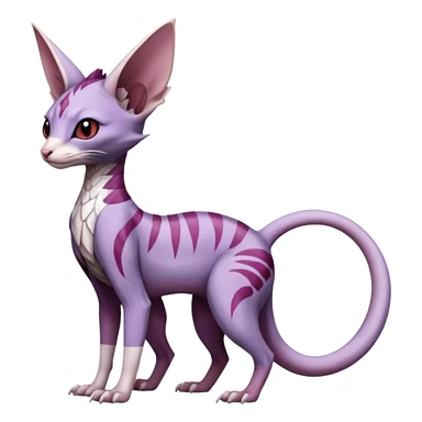 scaly, Purple, white, black, Minccino-Sphynx-Lykoi-Linoone-Zangoose-fusion-hybrid-animal-Fakémon-creature, full body, thin long sleek scaly tail, intricate markings sticker