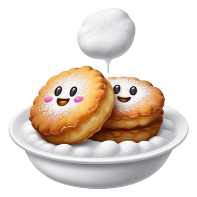 Buñuelo Cinematic Realistic Buñuelo Dessert Emoji, depicted as perfectly round, fluffy fritters served in a small bowl with a dusting of powdered sugar, rendered with vibrant textures and warm, inviting lighting. sticker