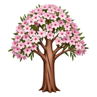 Cinematic Realistic Melaleuca Emoji, Elegant and resilient, with peeling, papery bark and delicate, needle-like leaves. The tree stands tall and graceful, with clusters of white and pink flowers dotting the branches. Soft glowing outline, capturing the essence of natural elegance and resilience in a beautiful melaleuca tree! sticker